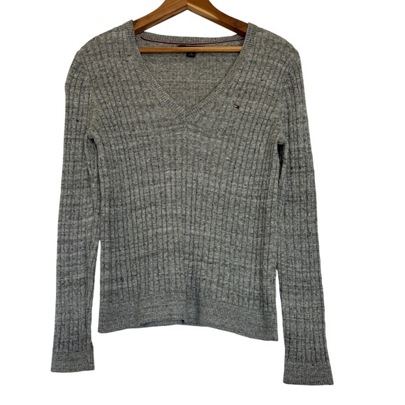 Tommy Hilfiger Sweaters - Tommy Hilfiger Womens Grey Cable Knit V-Neck Cotton Sweater Size M Y2K Preppy
